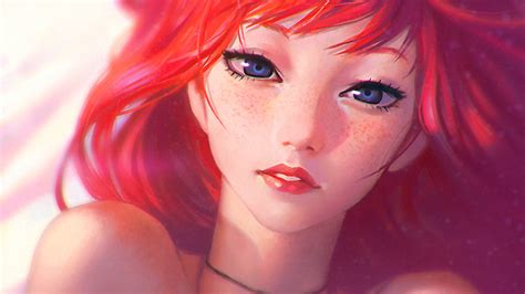 750x1334 Resolution Red Haired Female Anime Character Ilya Kuvshinov Redhead Freckles Blue