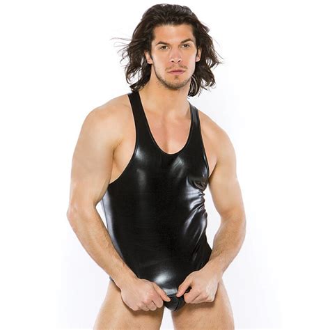 Mens Black Faux Leather Lingerie Set Punk Tank Tops G String Sexy
