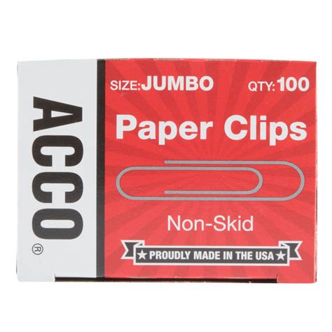 Acco 72585 Silver Non Skid Finish 100 Count Jumbo Standard Paper Clips
