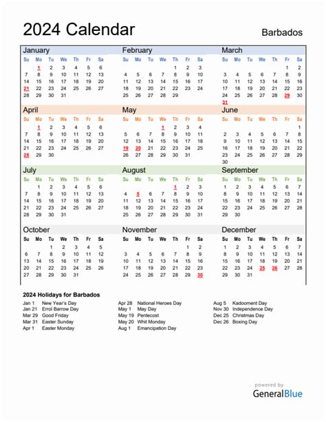 2024 Barbados Calendar With Holidays