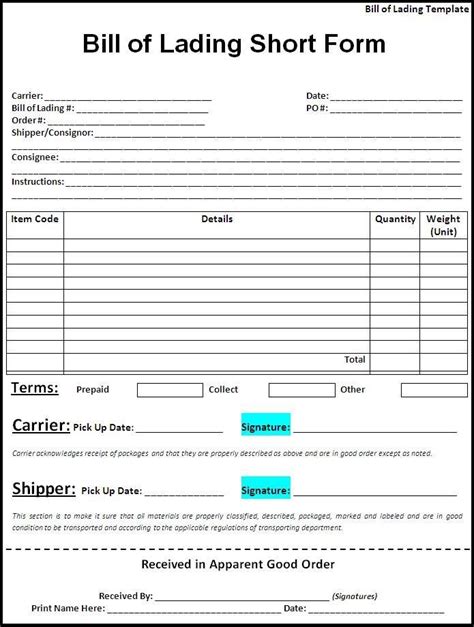 7 Bill Of Lading Templates Word Excel And Pdf Templates Bill Of