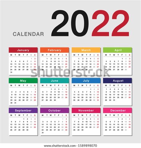 Colorful Year 2022 Calendar Horizontal Vector Stock Vector Royalty