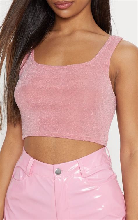 Light Pink Textured Glitter Crop Top Tops Crop Tops Cute Outfits