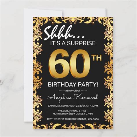Stylish Black And Gold 60th Surprise Birthday Party Invitation