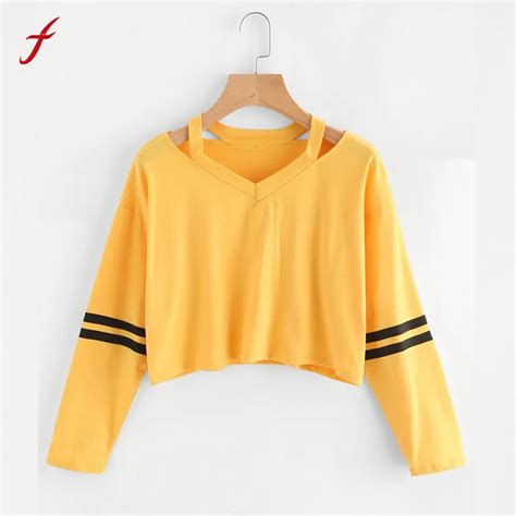 Feitong Womens Sweatshirts Hoodies Yellow Striped Girls Autumn Spring