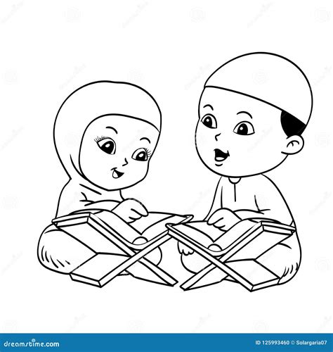Muslim Kids Learnig Quran Hand Drawn Illustration Stock Vector