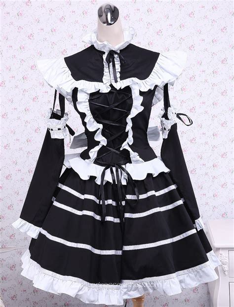 Cheap Black Cotton Stand Collar Long Sleeves Ruffles Bow Gothic Lolita