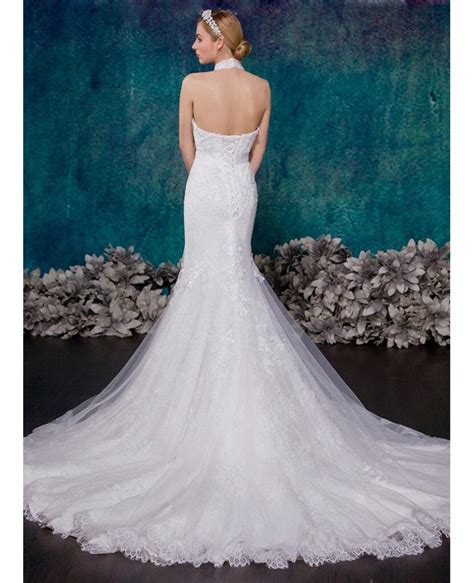 Romantic Mermaid Halter Chapel Train Tulle Wedding Dress With Appliques Lace Ts011 369