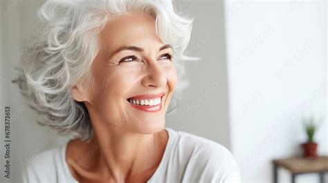 beautiful gorgeous 50s mid age beautiful elderly senior model white woman at home with grey hair