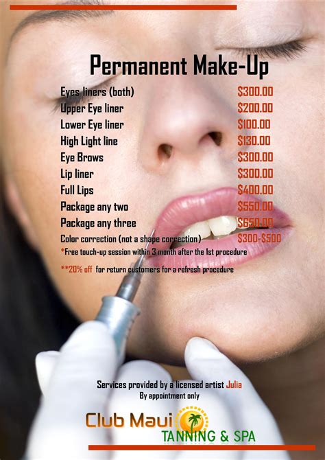 Club Maui Tanning And Spa Permanent Makeup Price List Makeup Prices