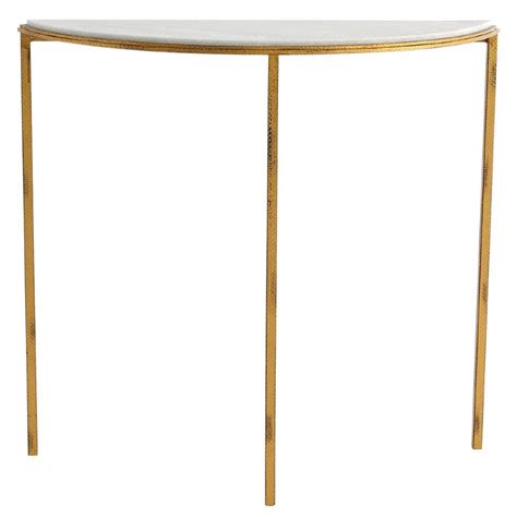 Top this sleek mental frame console table with an elegant vase and antique tomes for a lovely foyer vignette. Daphne Hollywood Regency Antique Gold White Marble Demilune Console Table