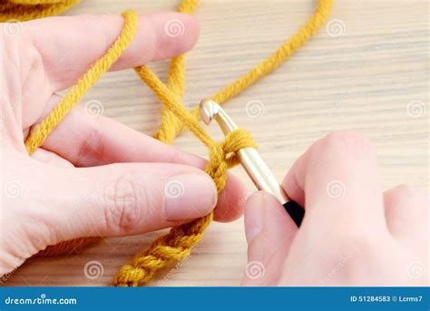 Crocheting With Brown Wool In Hand Stock Image Image Of Textile