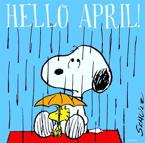 Hello April Snoopy Sitting On Top Of His Doghouse In The Rain With