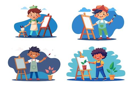 Niños Pintando Y Dibujando En Clase De Arte Conjunto De Ilustraciones