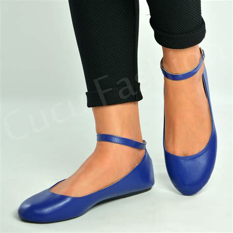 New Womens Ankle Strap Ballerina Ladies Pumps Ballet Flats Shoes Size
