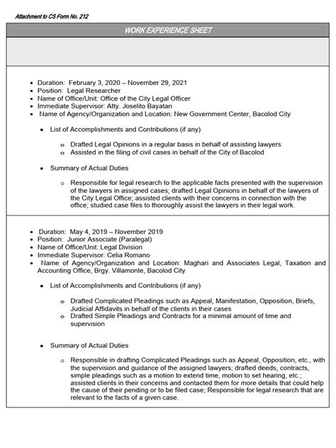 cs form no 212 attachment work experience sheet pdf lawyer pleading