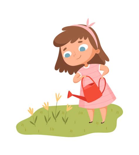 Small Gardener Girl Watering Plant In The Garden Illustrations Royalty Free Vector Graphics