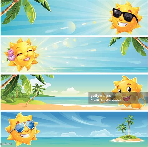 Summer Banner Cartoon Sun With Tropical Beach Background Wearing