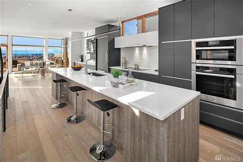 Long Single Wall Modern Kitchen With Long Modern Island Main Cabinets