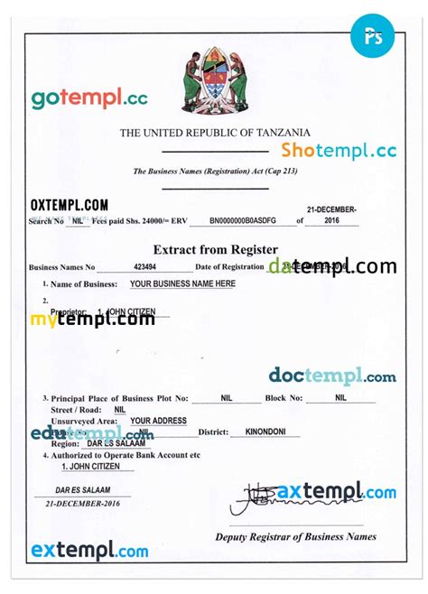 Tanzania Business Registration Certificate Psd Template Version 2