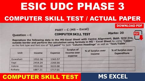 Esic Udc Computer Skill Test Previous Year Excel Question Paper With