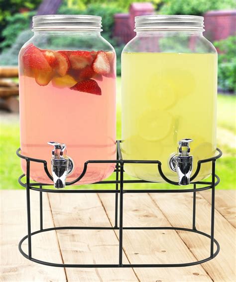 Estilo Glass Mason Jar Double Beverage Drink Dispenser On Metal Stand