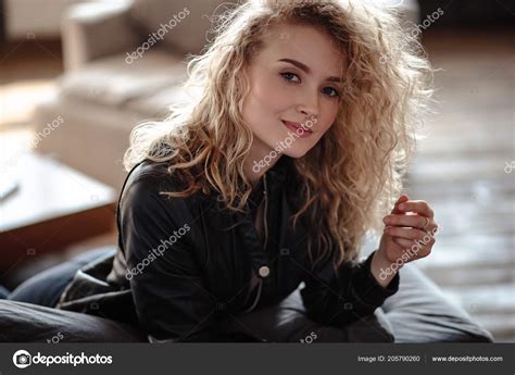 Close Portrait Sexy Blonde Woman Black Leather Jacket Lacy Bra Stock