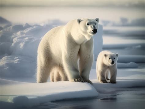 Premium Ai Image A Polar Bear And Her Cub Stand On Ice