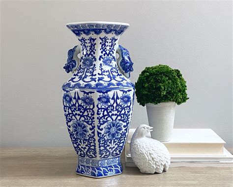 Large Chinese Vase Blue White Hexagonal Baluster Mantle Etsy Large