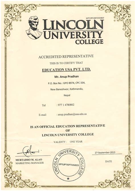 Certificate Of Representation Pradhan International Education Consultants