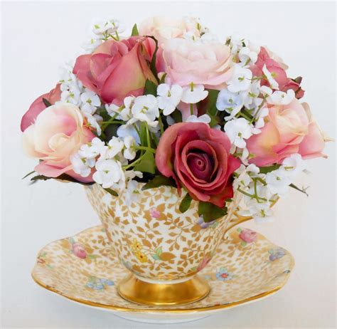 Teacup Silk Floral Arrangement Mixed Rosebuds Of Mauve And Pink Etsy Silk Floral Arrangements