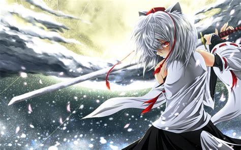 Inubashiri Momiji Night Sword Red Eyes Anime Girl Petals White