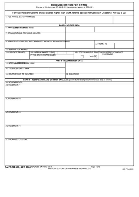 Fillable Da Form 638 Recommendation For Award Printable Pdf Download