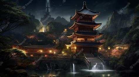 Premium Photo Fantasy Landscape With Japanese Pagoda And Waterfall
