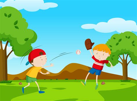 Two Boys Playing Baseball In Park 455468 Vector Art At Vecteezy