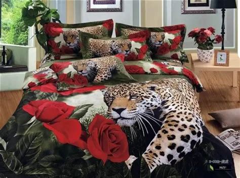 D Leopard Red Rose Bedding Set Queen Size Full Duvet Covers Bed In A Bag Sheet Bedspread