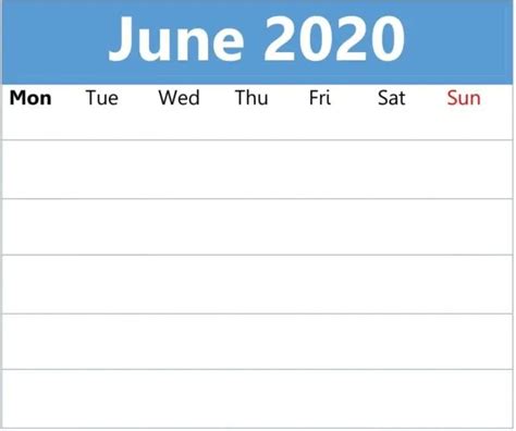 June 2020 Blank Calendar Word Pdf And Excel Template Calendar Word