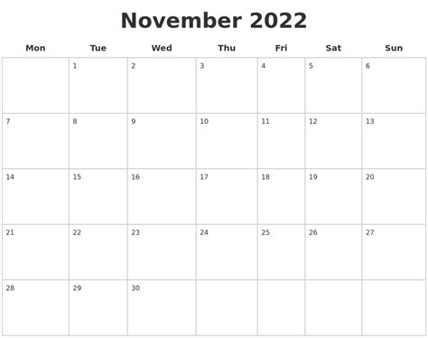 November 2022 Blank Calendar Pages