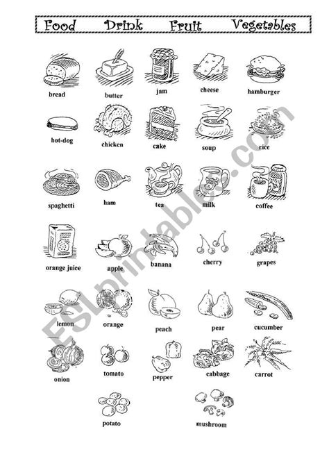 Food Drinks Fruit And Vegetables Dictionary Esl Worksheet By Erika1972