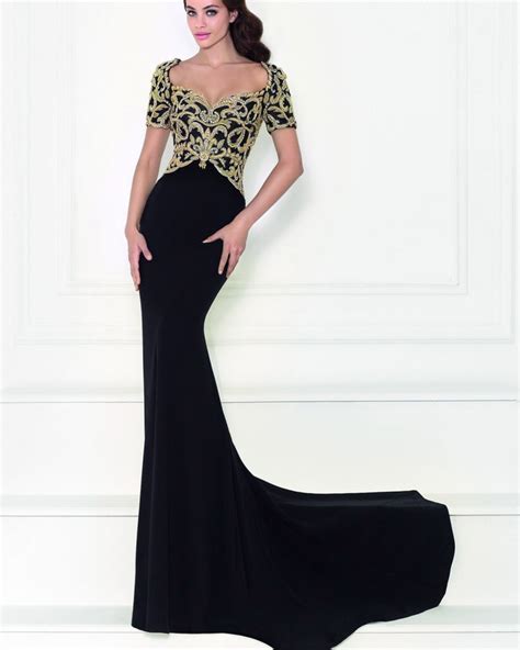 Black And Gold Prom Dresses With Cap Sleeves Mermaid Lace Evening