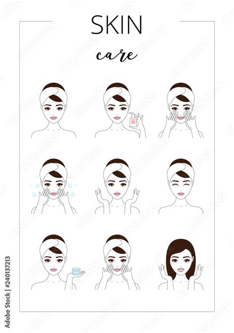 Beautiful Woman Take Care About Her Face Illustrated Steps How To Take Care Of Skin Daily Care