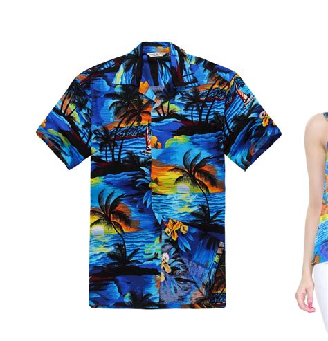Couple Matching Hawaiian Luau Outfit Aloha Shirt And Tank Top In Blue