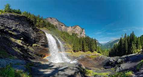 Nature Landscape Waterfall Rainbows Forest Mountains Cliff Summer Alps France