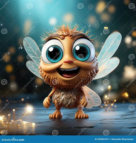 Cartoon Beautiful Cute Little Blue Fly Character Person Extreme Closeup