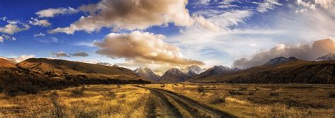 Nature Landscape Panoramas Dirt Road Dry Grass Mountain Clouds Shrubs