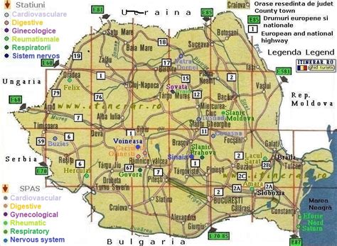 Hartă Statiuni balneare din Romania clasificate după afectiuni