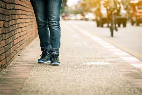 Closeup Of Young Woman Legs Walk On Sidewalk Stock Image Image Of
