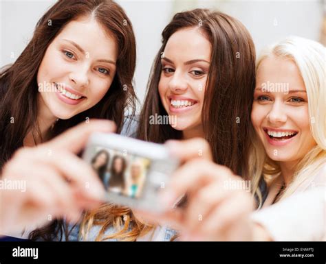 Portrait Three Girlfriends Making Selfie Hi Res Stock Photography And