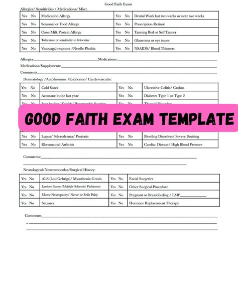Good Faith Exam Template Form For Injectors Etsy