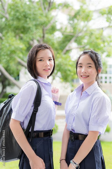 Cute Asian Thai High Schoolgirls Student Couple In School Uniform